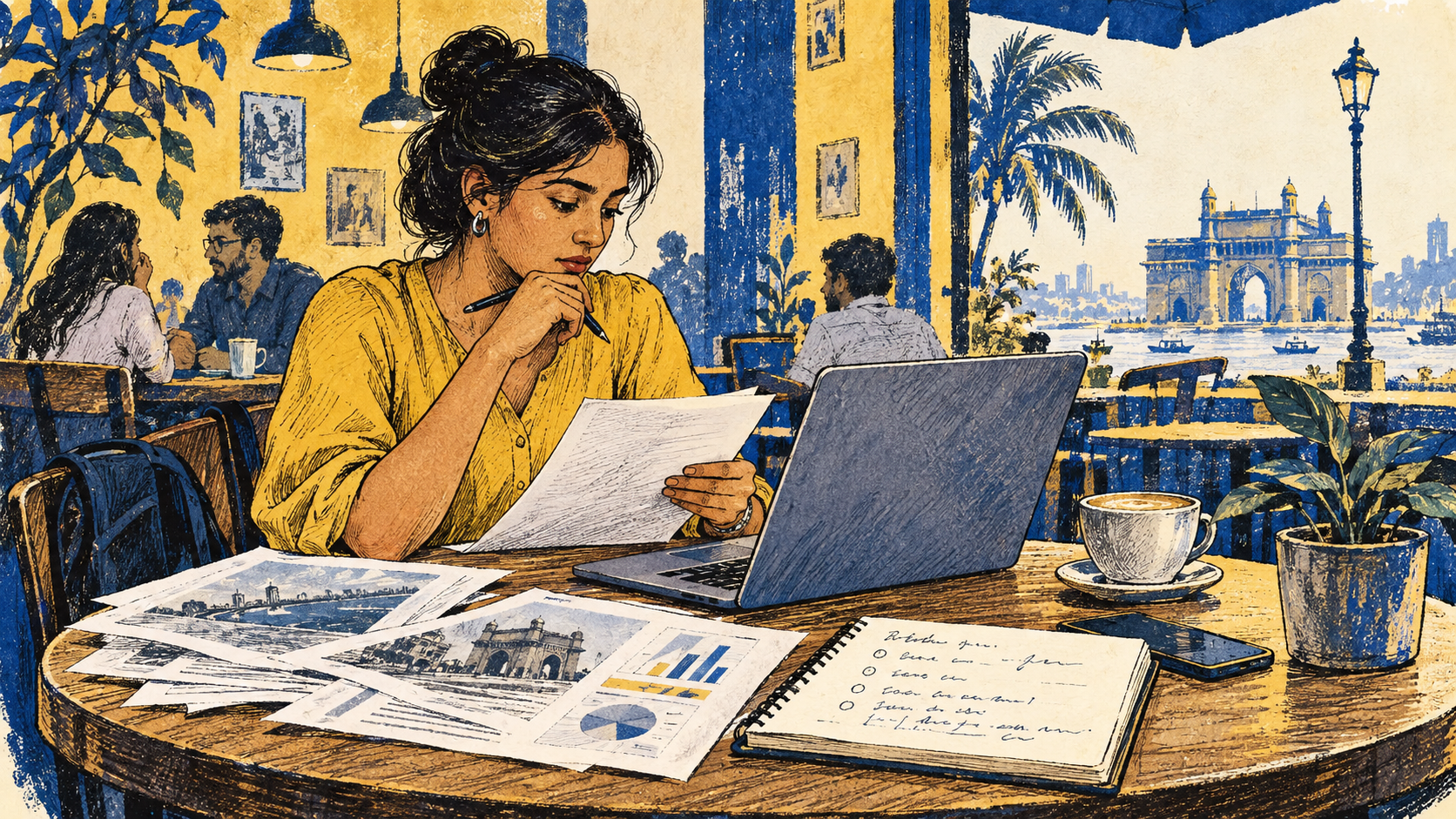 Founder prepares notes for a customer meeting in a Mumbai café.