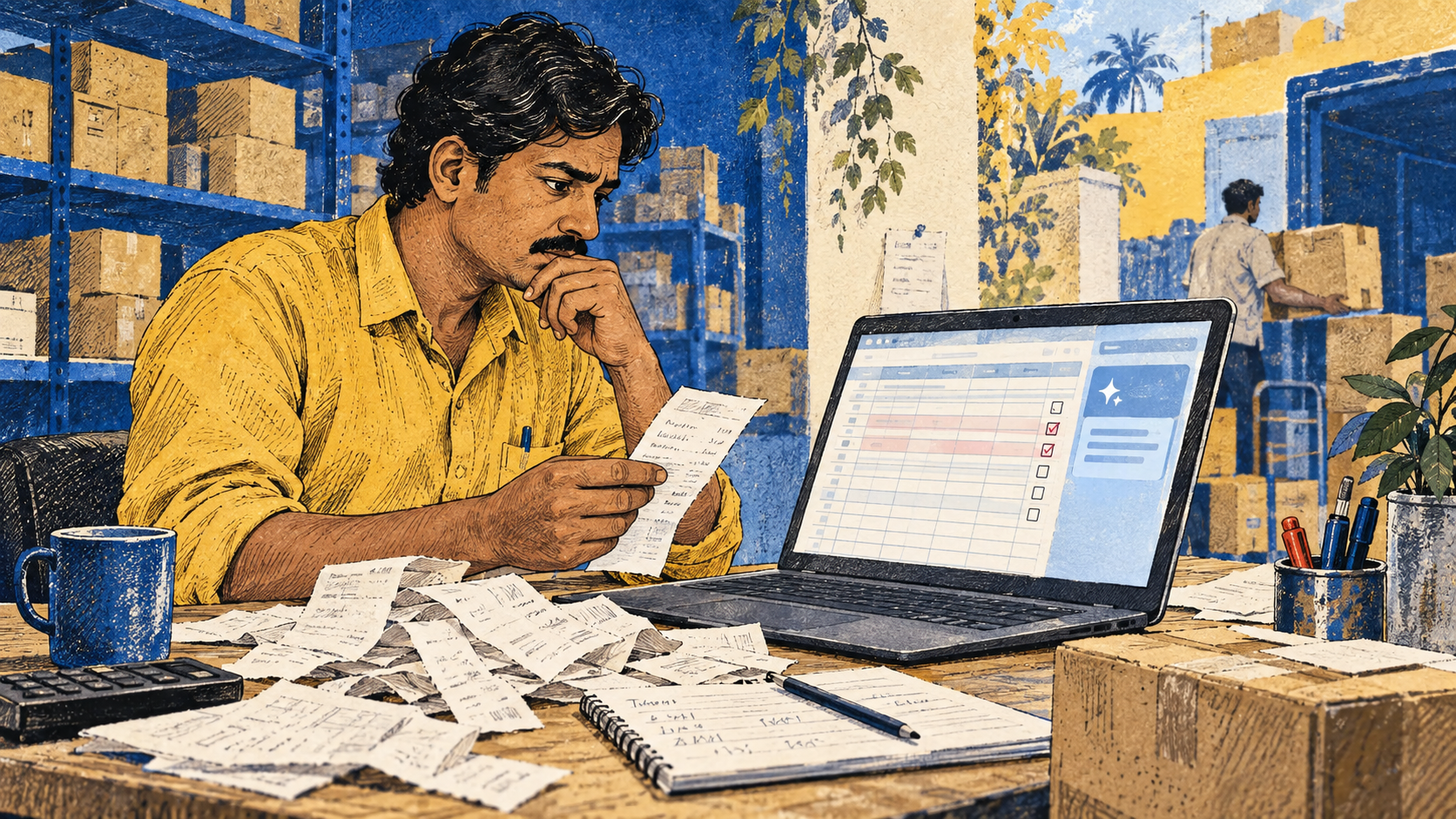 Operator reviews a spreadsheet and paper records side by side.
