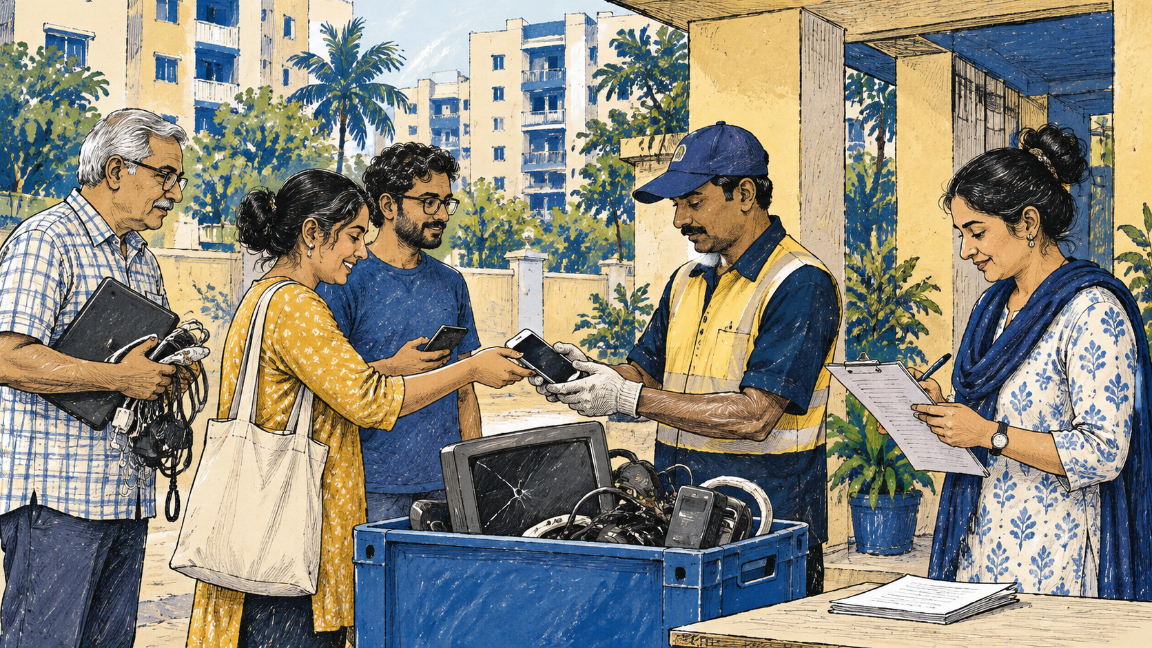 Residents coordinate authorised e-waste collection outside a Mumbai housing society.