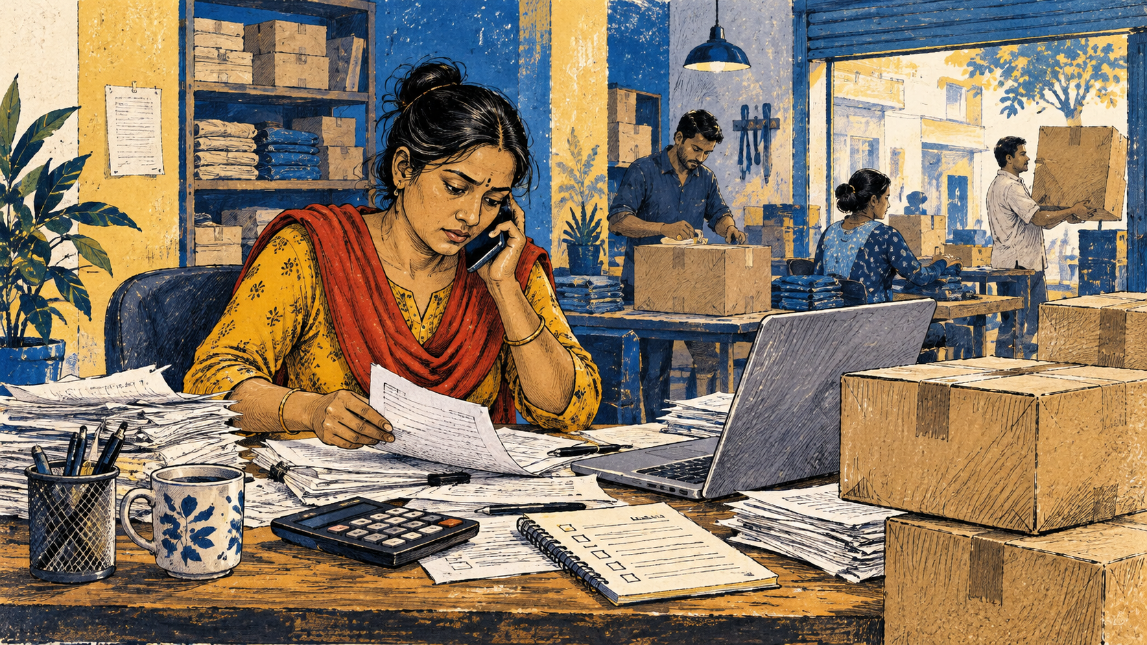 Small supplier checks invoices and payment records at a desk.