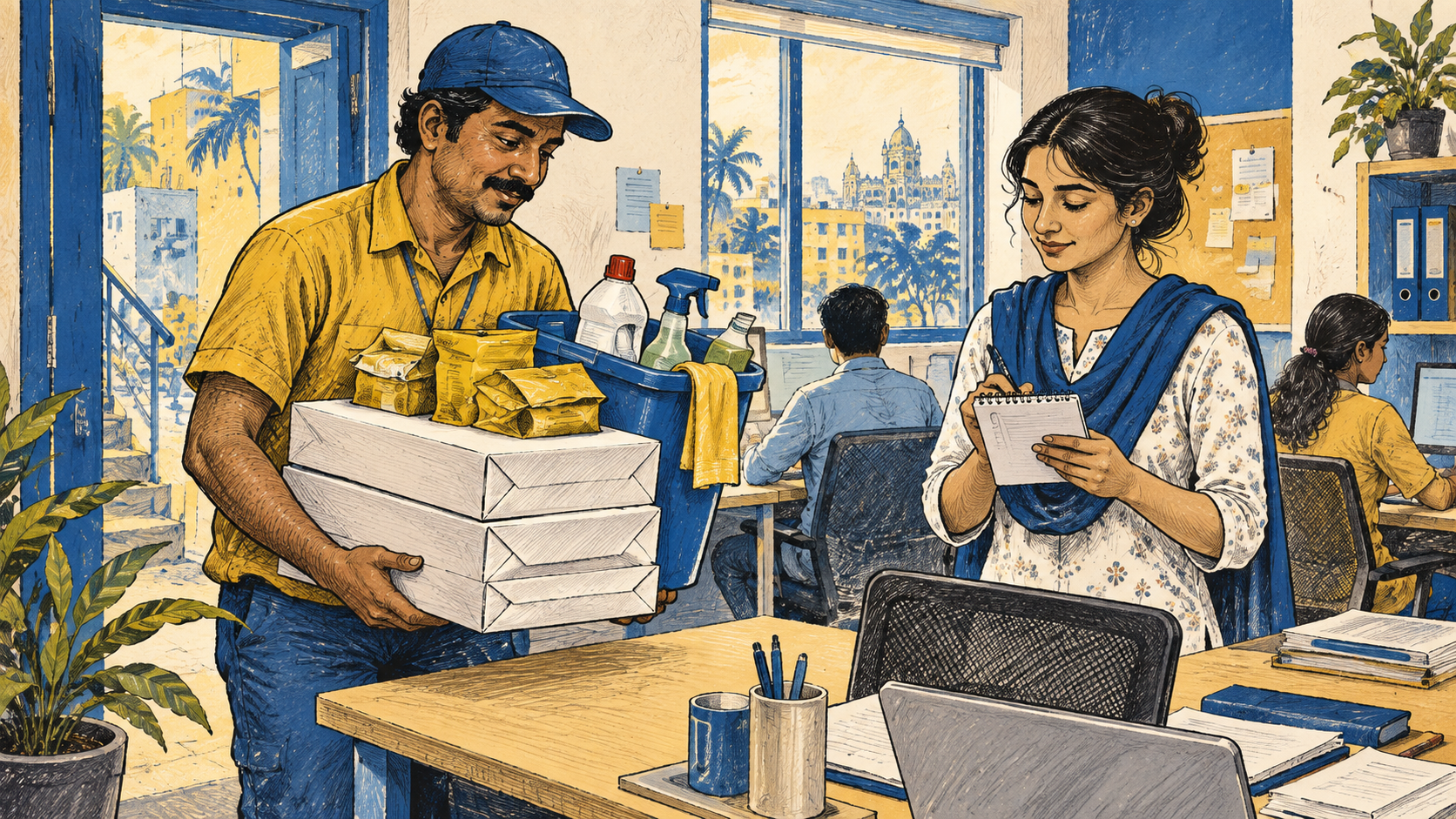 Local worker delivers office consumables to a small Mumbai office.