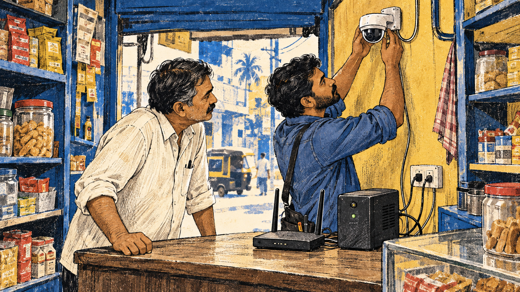 Shopkeeper and technician check a CCTV camera and backup power.
