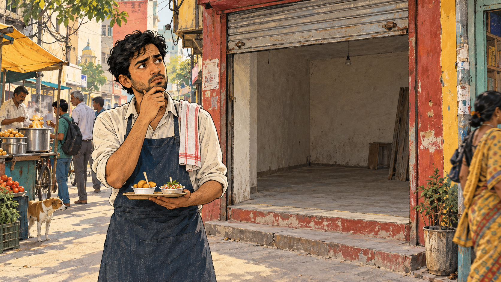 Editorial illustration of a first-time food operator considering an empty neighbourhood shop.