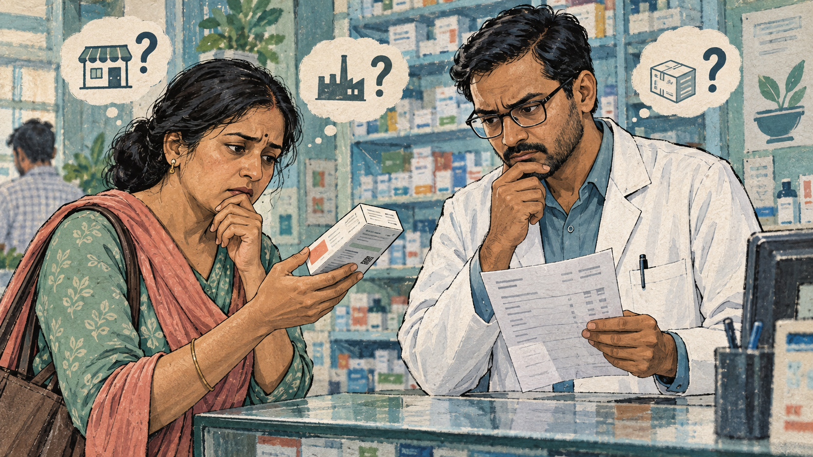 Editorial illustration of a caregiver and pharmacist examining medicine source and batch information.