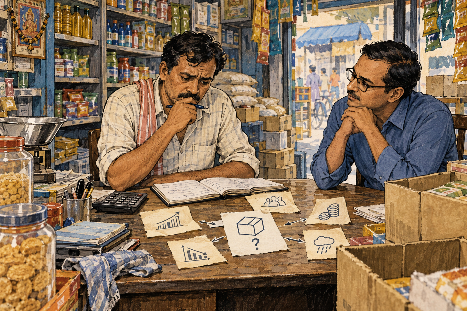 Editorial illustration of a shop owner weighing a difficult inventory decision with an advisor.